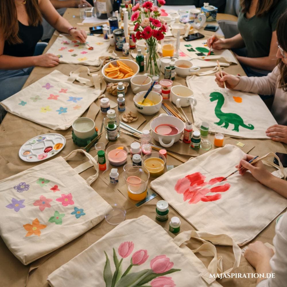 Jutetaschen bemalen als kreative Aktivität für gemeinsame Abende mit Freunden
