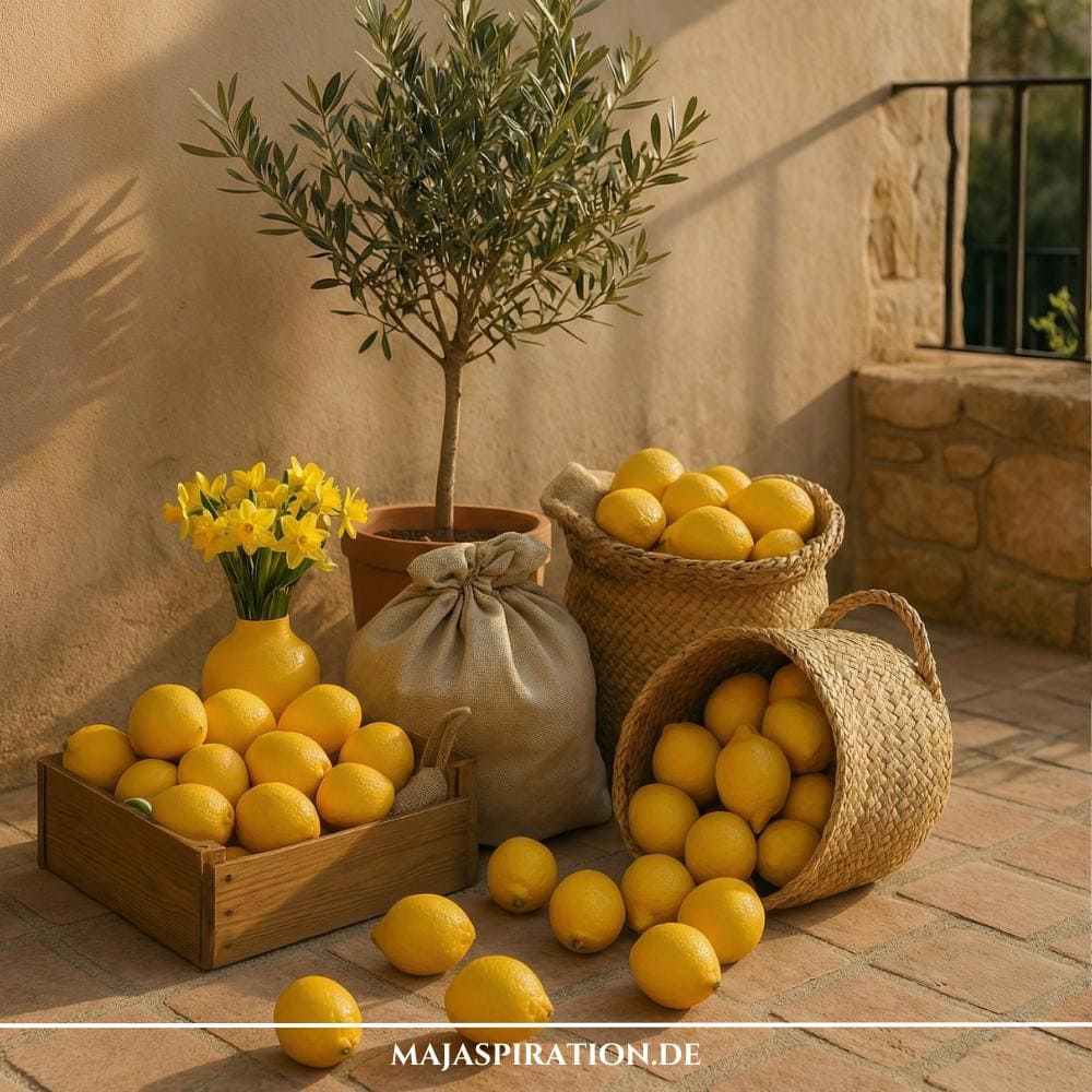 Mediterrane Sommerdeko Idee mit Zitronen für Draußen