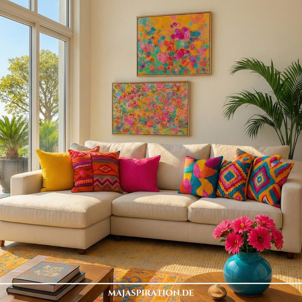 Bunte Einrichtungsidee für das Wohnzimmer im Boho Look