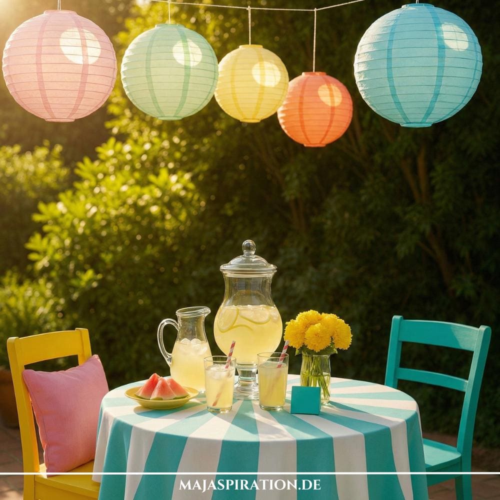 Schöner Gartentisch in Pastelltönen mit Lampions