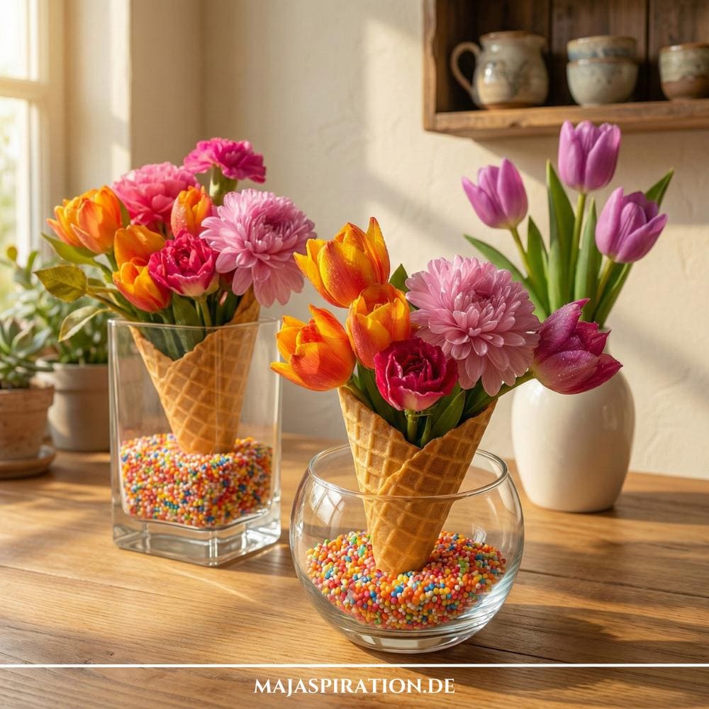 DIY Sommerdeko Idee mit Blumen in Eiswaffel
