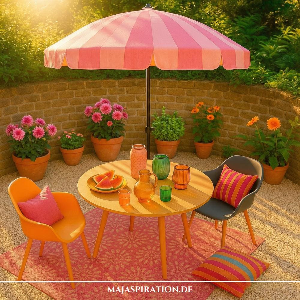 Bunte Gartenecke mit rosa Schirm