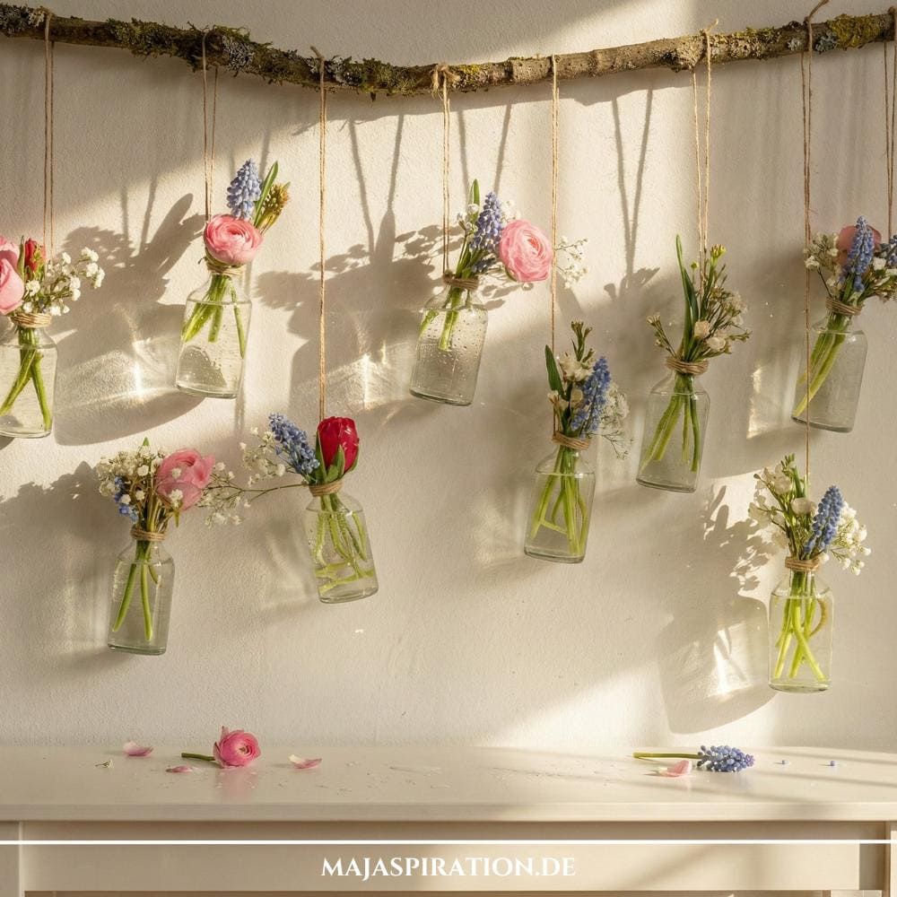 Frühlingsdeko mit Ast und hängenden Glasvasen