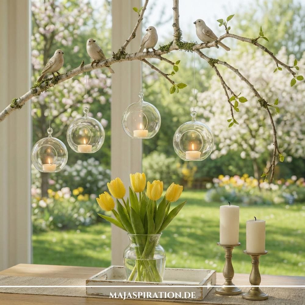 Deko Äste mit Vögelchen und hängenden Kerzen