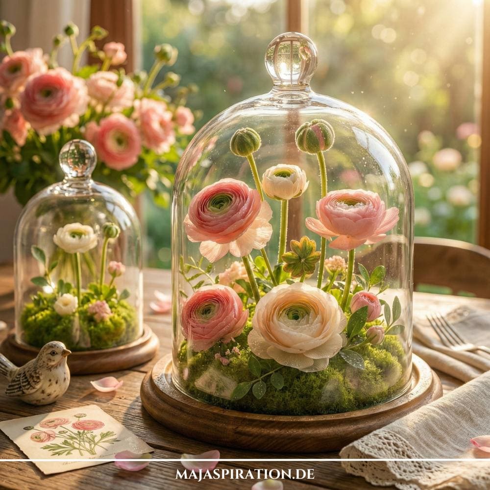 Frühlingsedeko Glasglocke mit Moos und Blumen