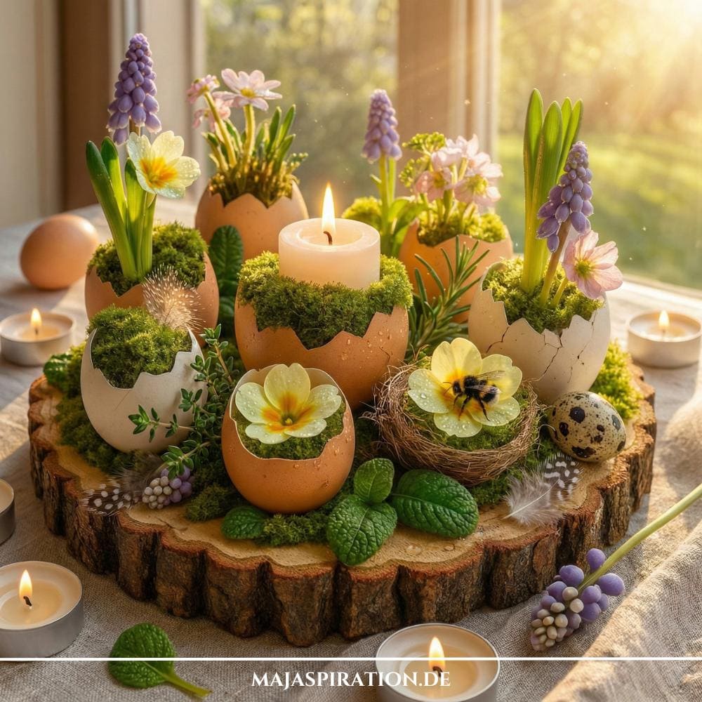 Frühlingsdeko mit Eierschalen und Moos auf Baumscheibe