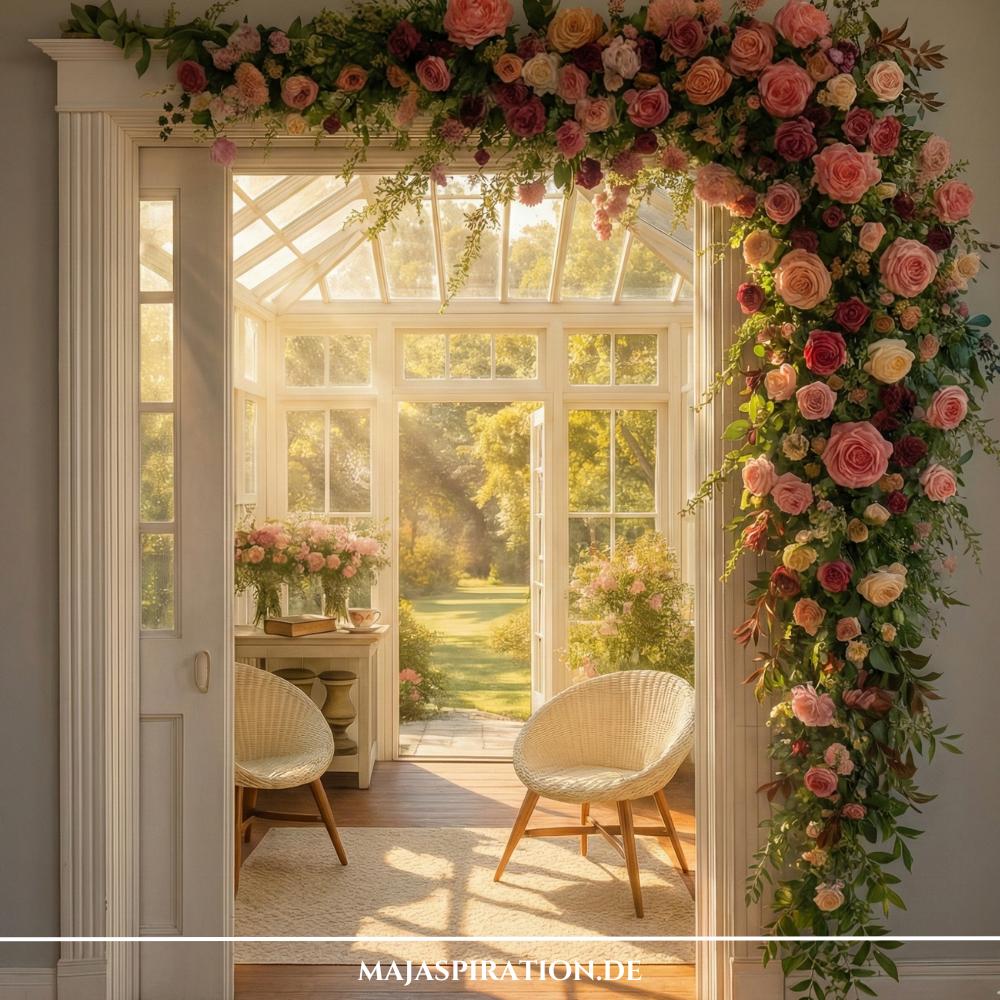 Blumengirlande über Türrahmen als natürliche Frühlingsdeko