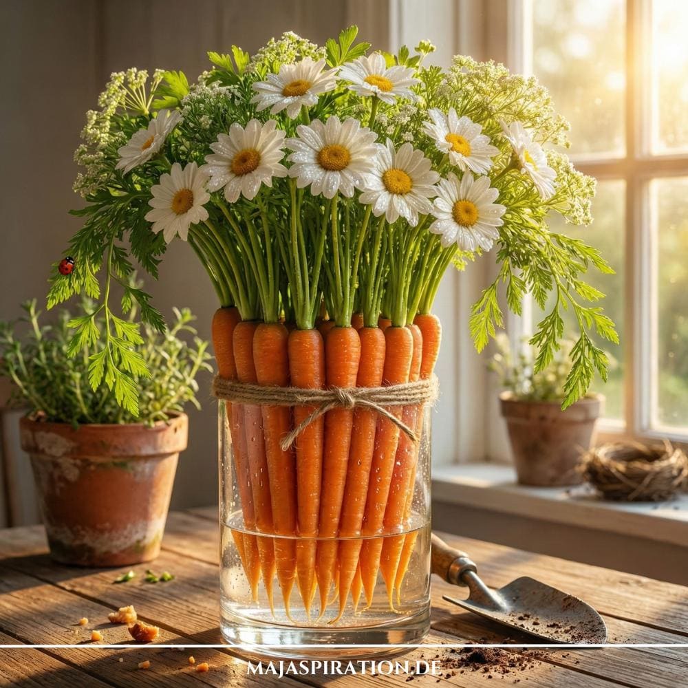Frühlingsdeko mit Karottenstrauß in Vase
