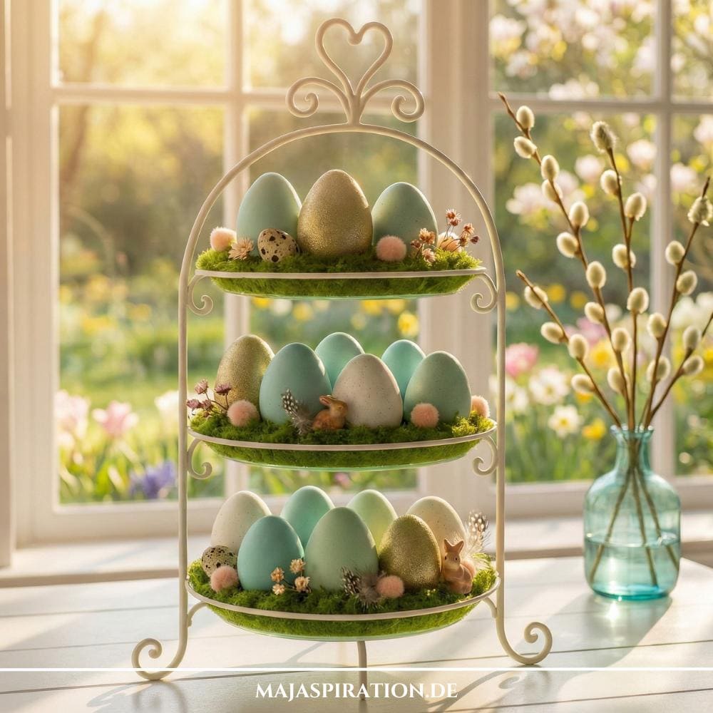 Osterdeko Etagere mit Eiern und Moos