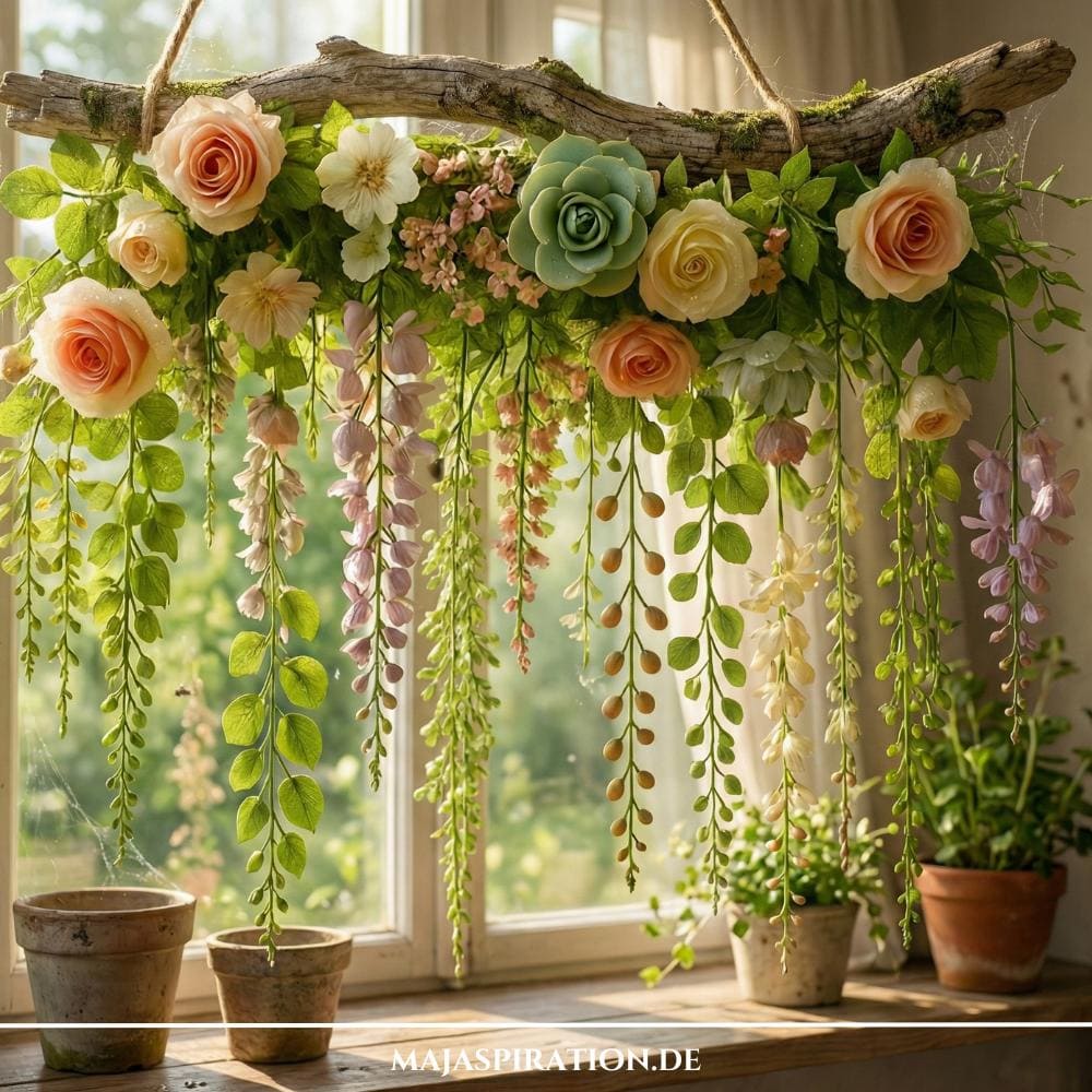 Blumenhafte Frühlingsdeko mit hängendem Ast und Blumen