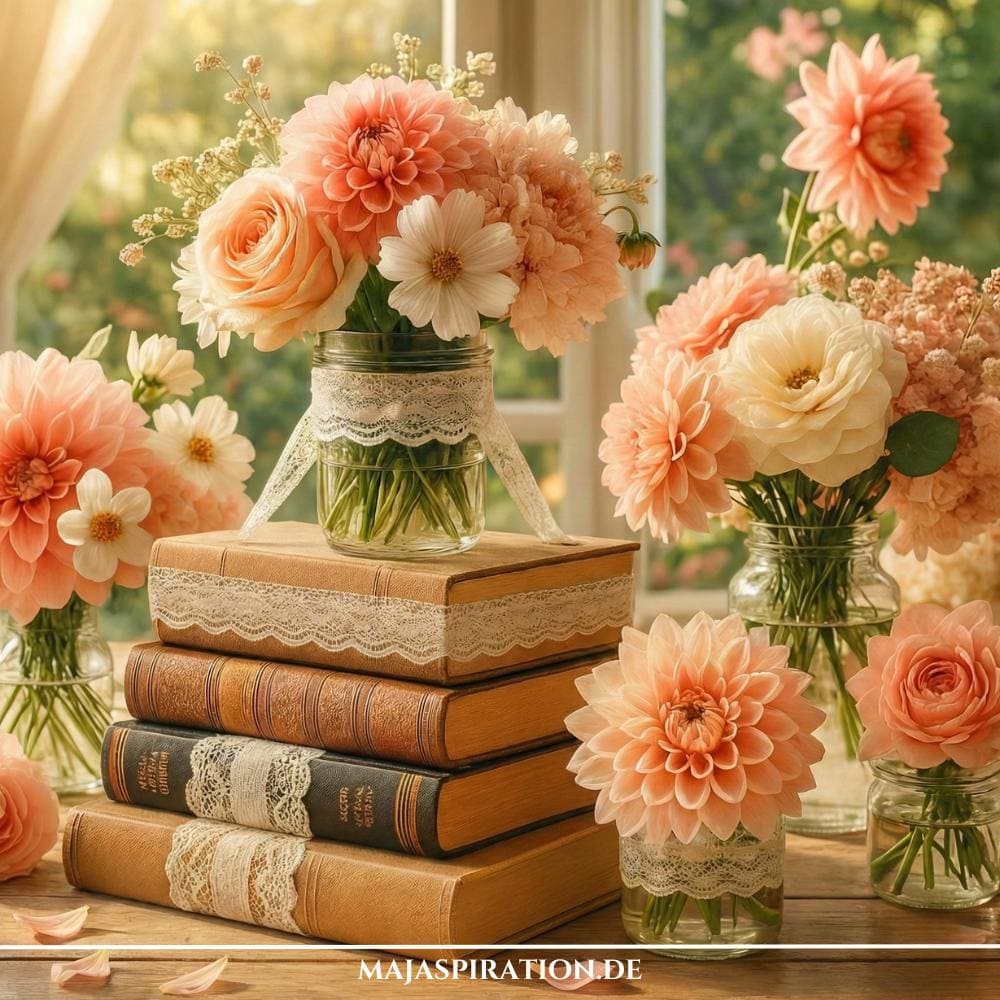Romantische Blumendeko mit Büchern