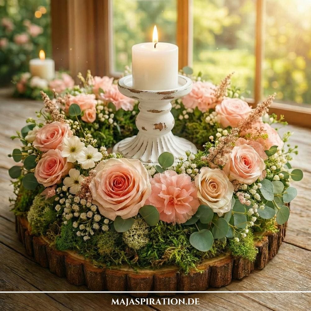 Frühlingsdeko Blumenkranz mit Kerze in der Mitte