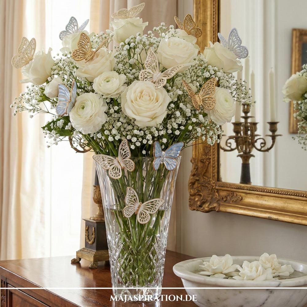 Florale Frühlingsdeko mit Schmetterlingen in Pastell