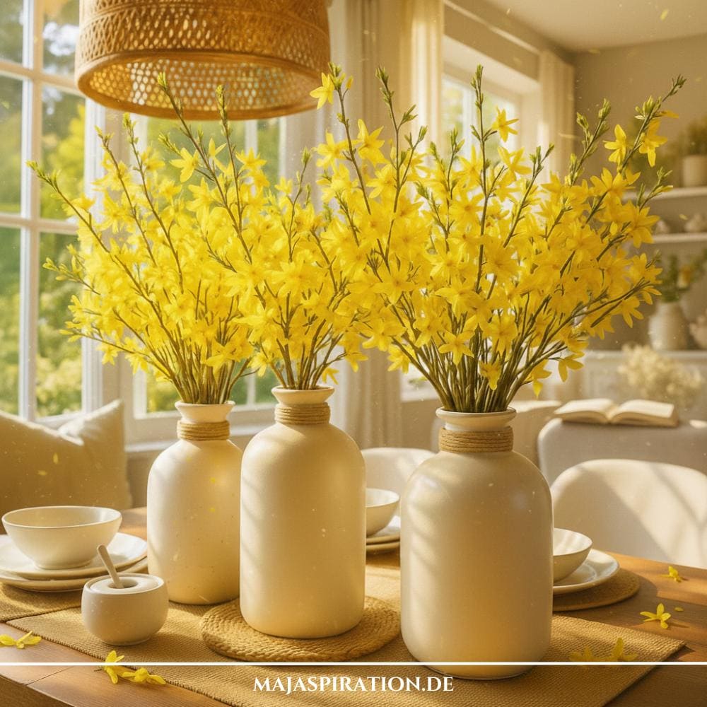 Florale Frühlingsdeko mit gelben Zweigen