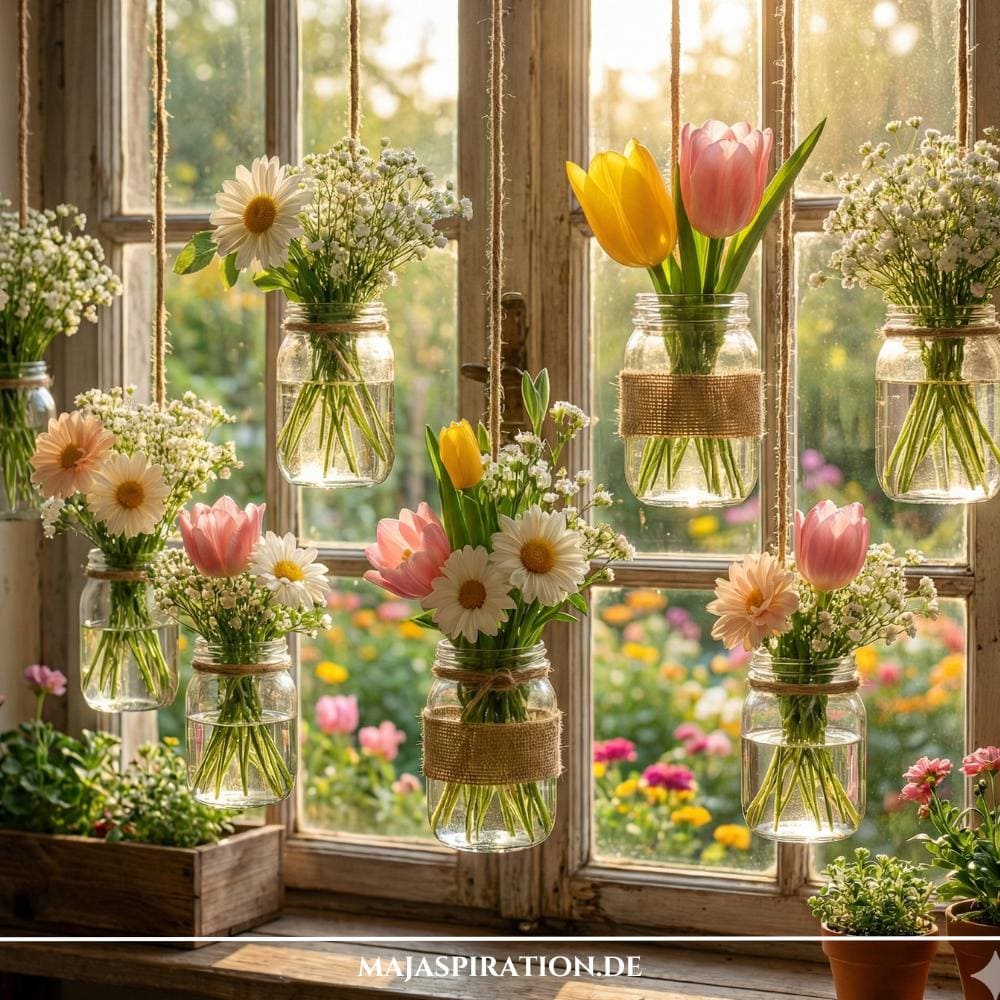 Hängende Frühlingsdeko mit Blumen in Gläsern