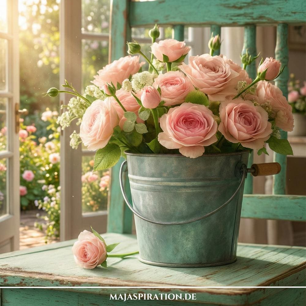 Rustikale Frühlingsdeko mit Messingeimer und Rosen