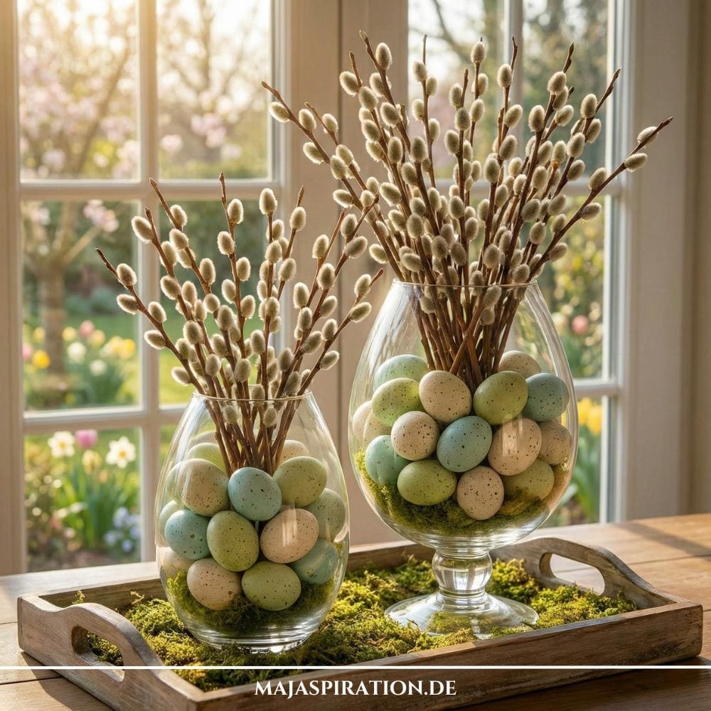Frühlingsdeko Ideen mit Pastelleiern und Kätzchenzweigen in Glasvase