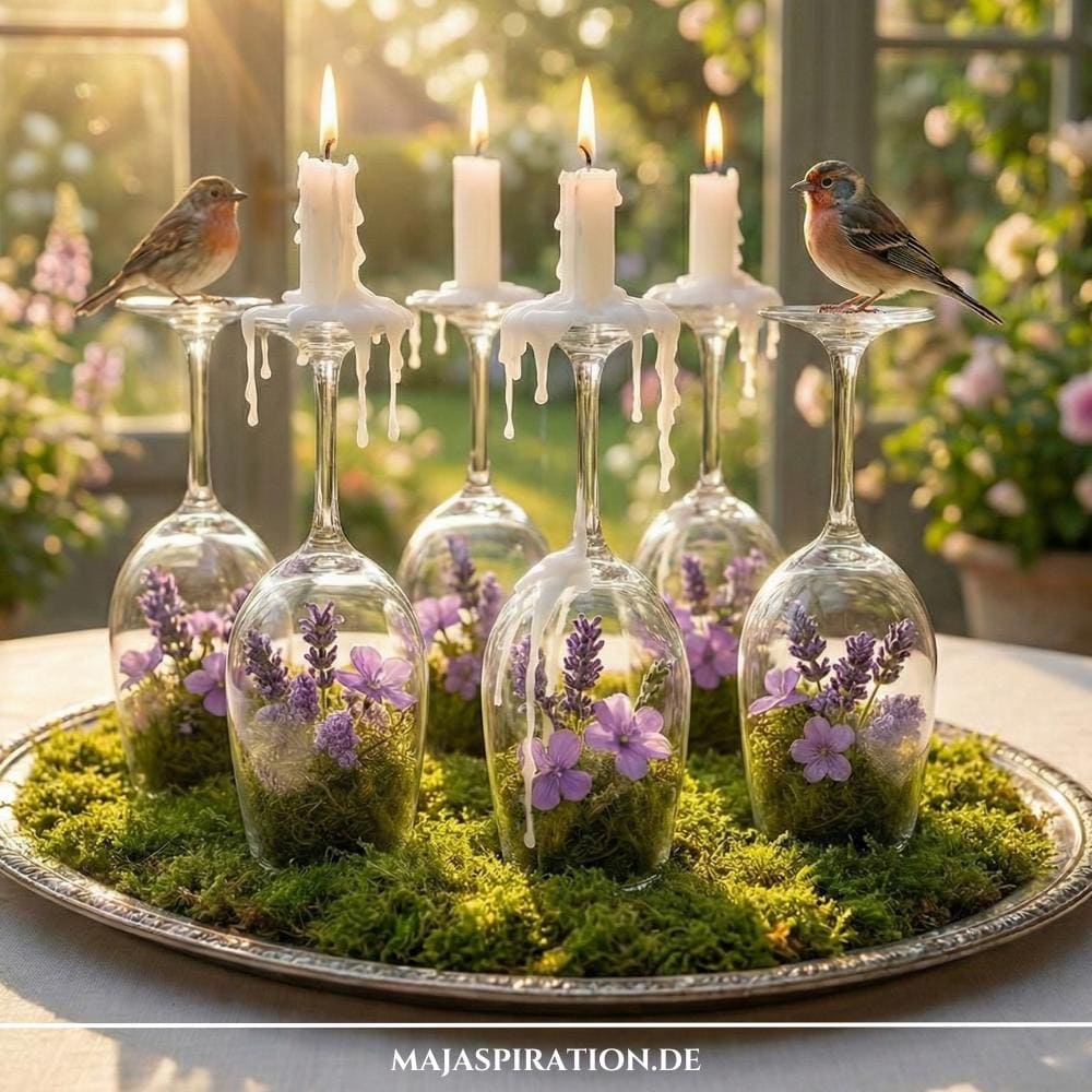 Florale Frühlingsdeko Idee mit Sektgläsern und Teelichtern