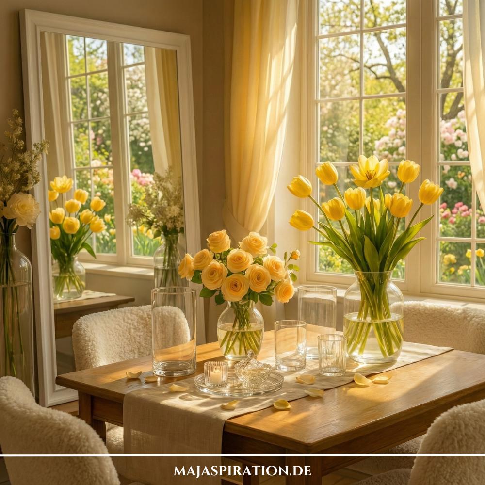 Frühlingsdekoration mit Tulpen und großem Spiegel