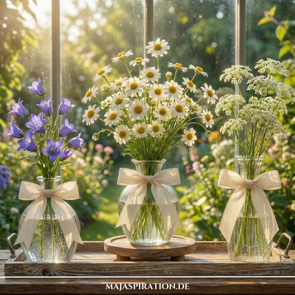 Minimalistische Frühlingsdeko mit Blumenvase mit Schleife