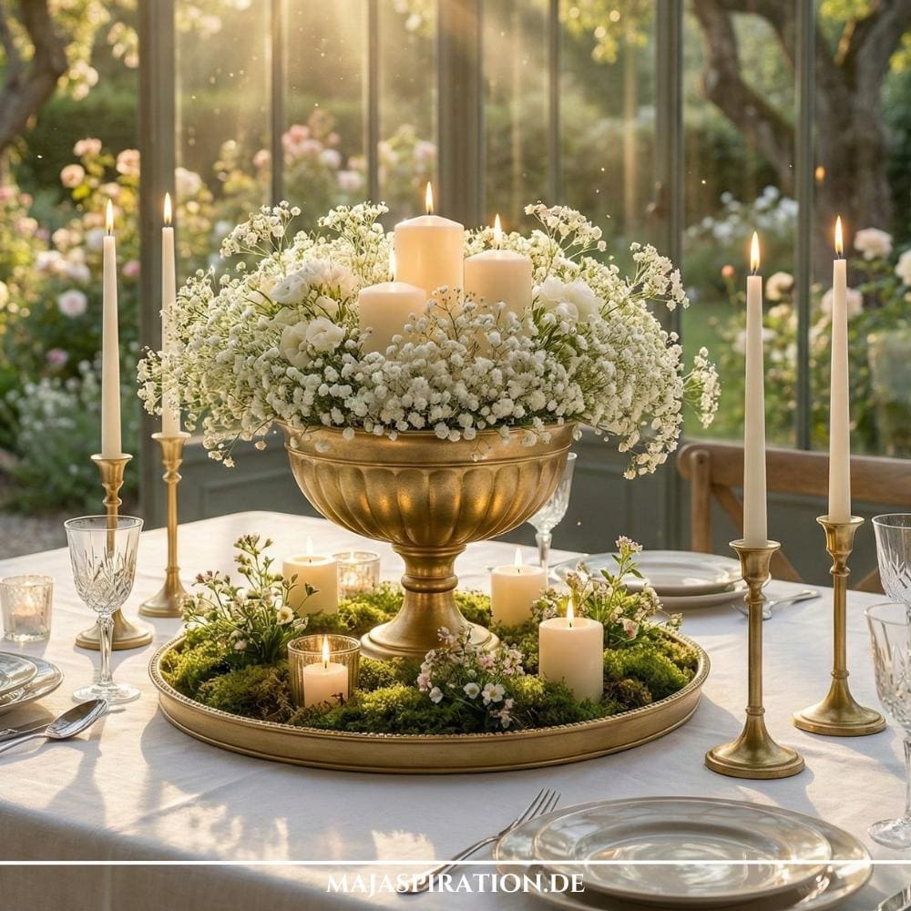 Frühlingsdeko mit Tortenständer, Kerzen und Schleierkraut