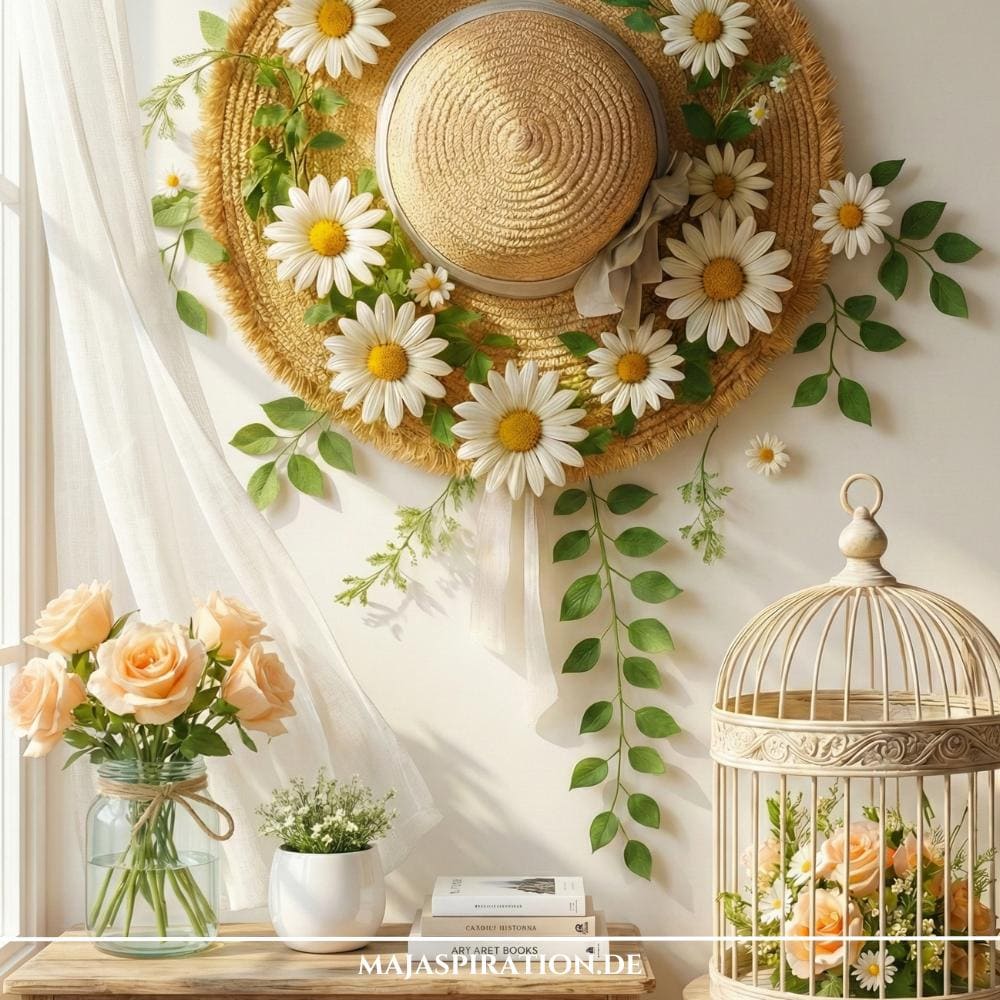 Frühlingsdeko mit Strohhut und Blumenranke