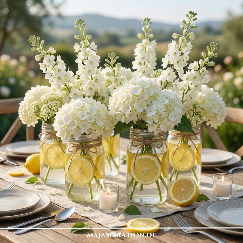 Florale Tischdeko mit weißen Blumen und Zitrone