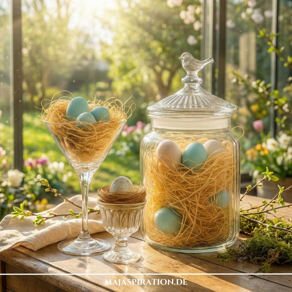 Frühlingsdeko mit Vogelnestern in Glasbehältern