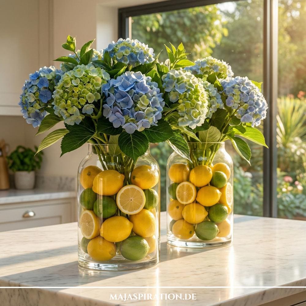 Florale Frühlingsdeko mit Hortensien und Zitrusfrüchten