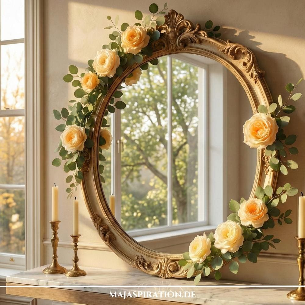 Frühlingsdeko mit Blumengirlande um Spiegel