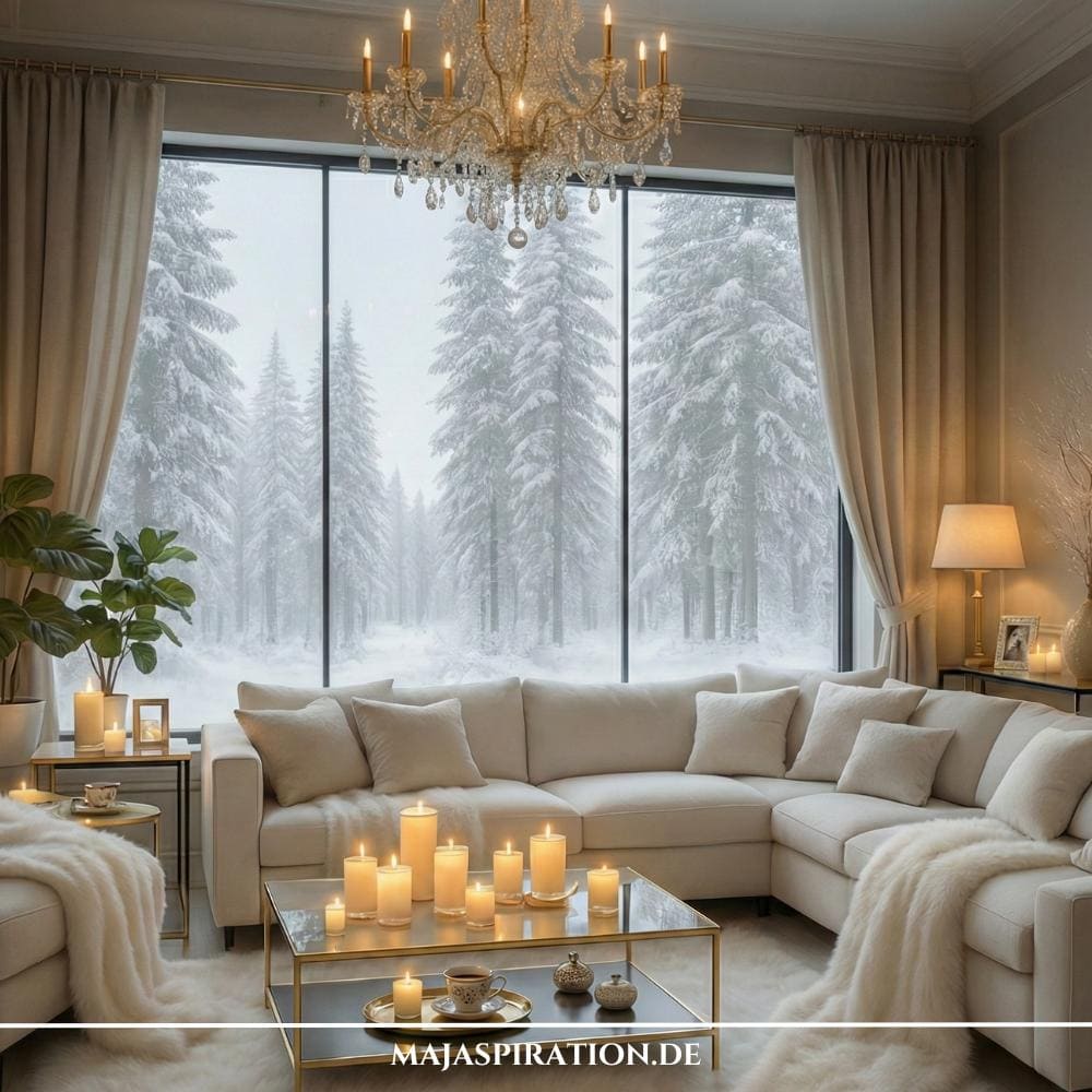 Kuschelige Wohnzimmer Idee mit großem Sofa und Kronleuchter