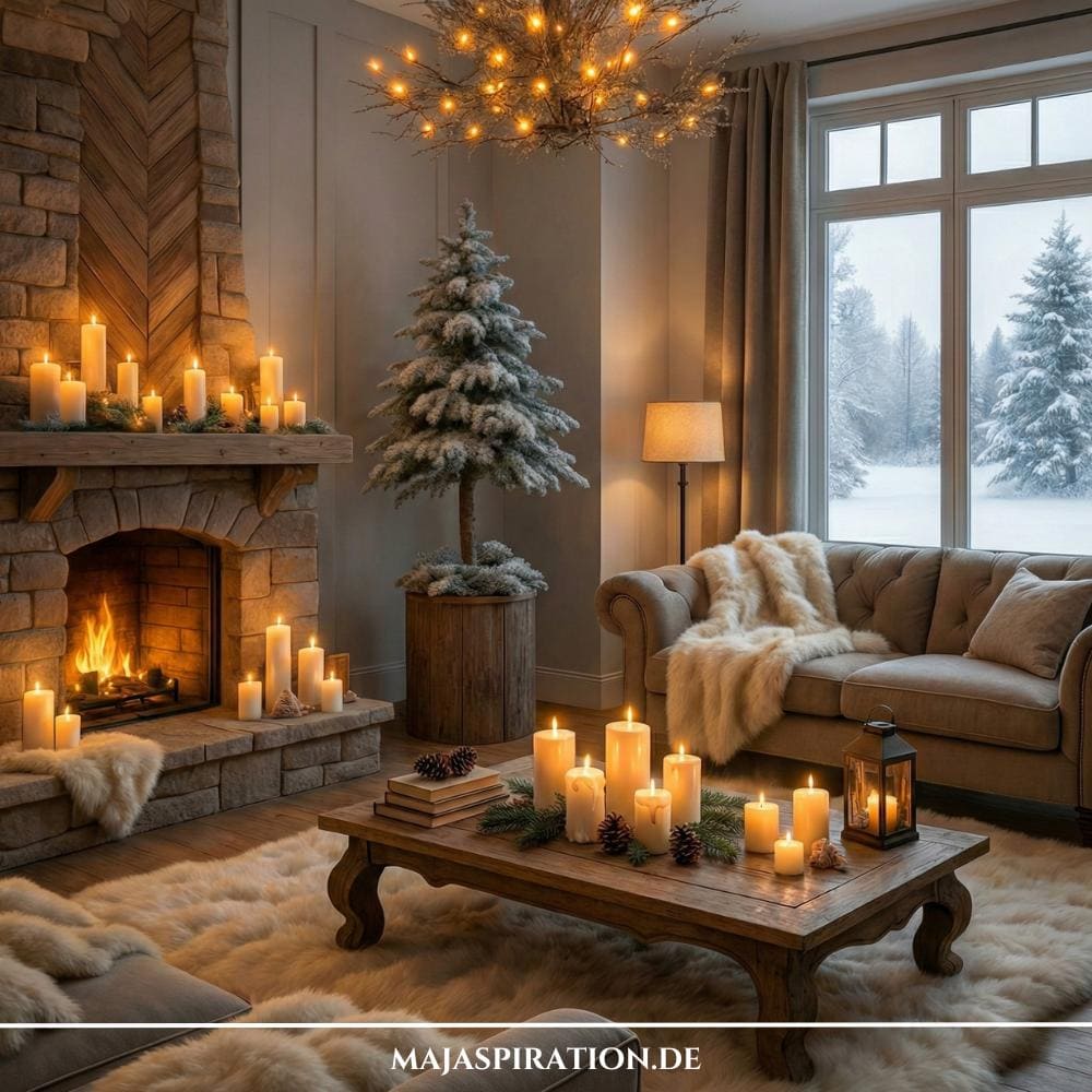 Gemütliches Winter Wohnzimmer im Winter mit Kerzen und Fellen