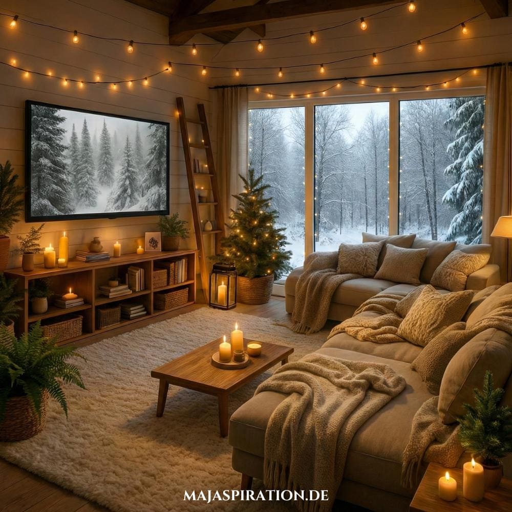 Gemütliche Idee für das Wohnzimmer mit Lichterketten