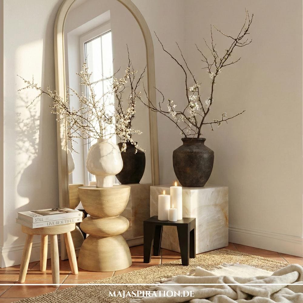 Designidee für leere Ecken mit großem Bodenspiegel, Pflanzenpodesten und Vasen mit großen Zweigen