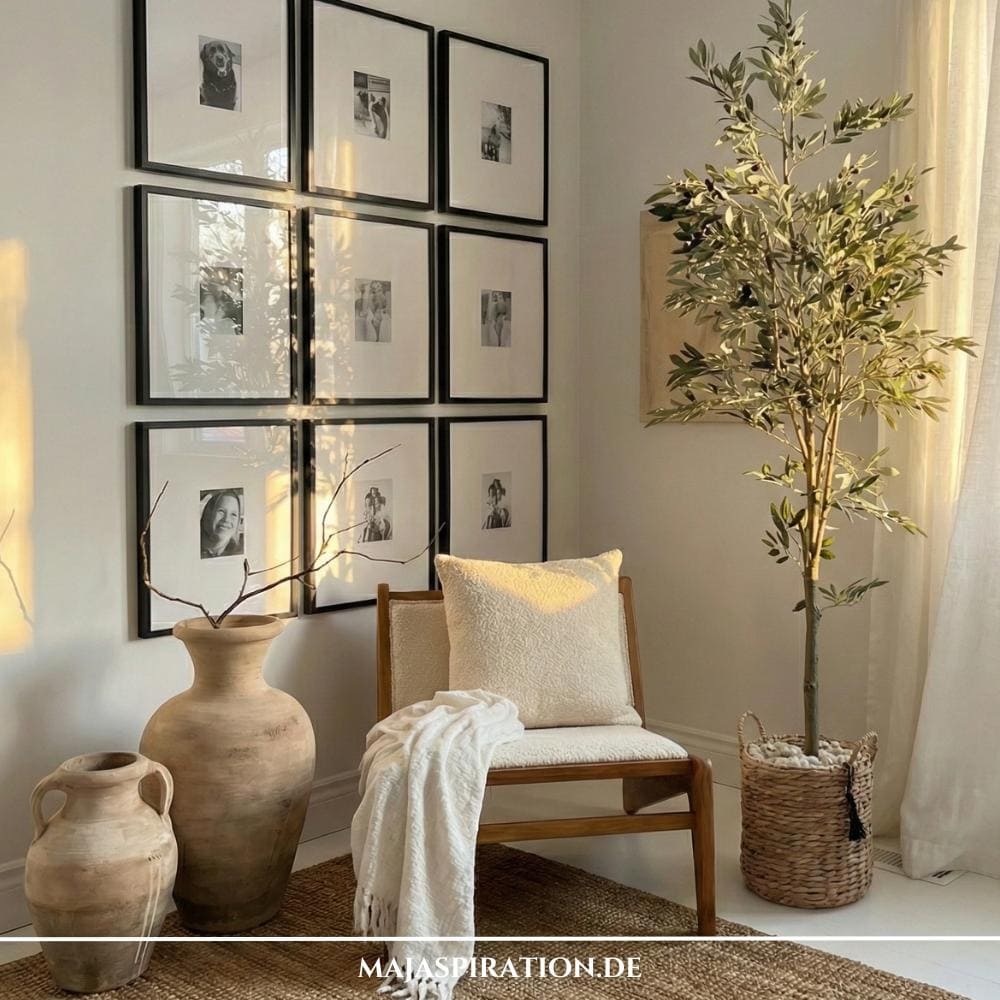 Kuratierte Raumecke mit symmetrischer Fotogalerie-Wand, großen Tonvasen, künstlichem Olivenbaum und Teddyfell Sitzsessel