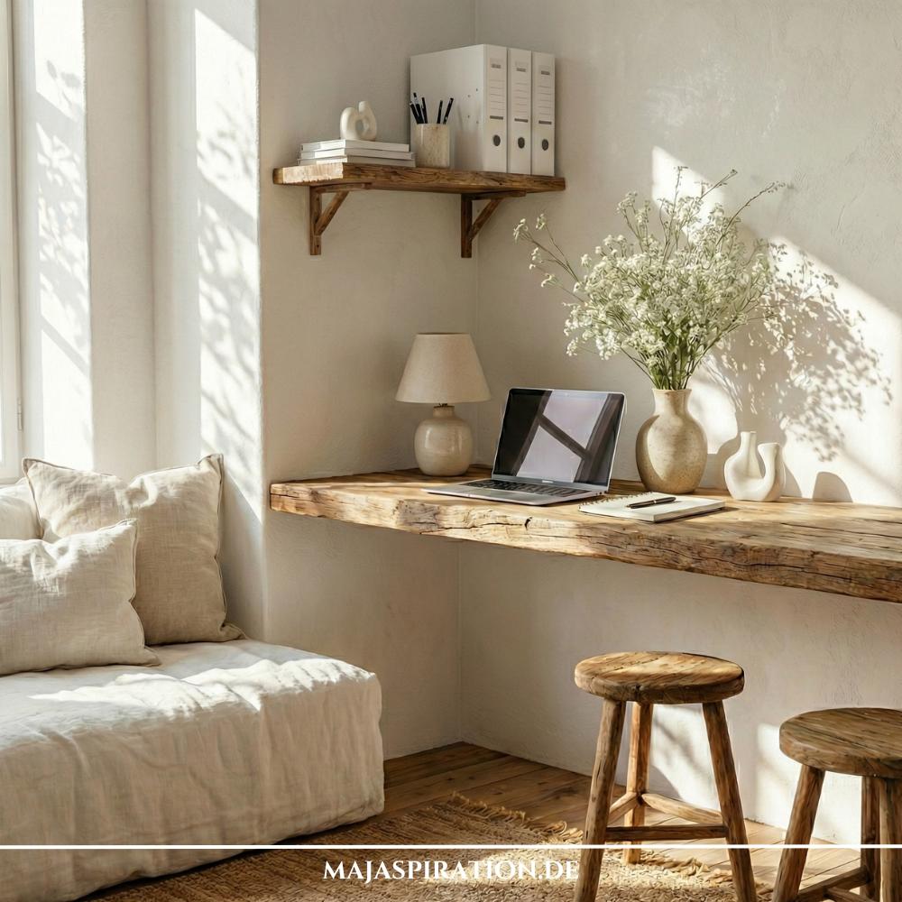Leere Ecke gestaltet als kleine Home Office mit Massivholzbrett und Holzhockern