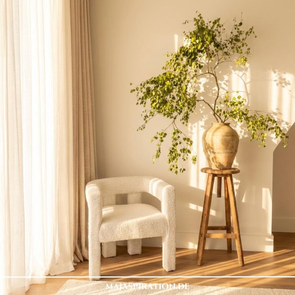 Leere Ecke im Raum gestalten mit Teddyfell Sessel und hohem Beistelltisch aus Holz mit großen Ästen