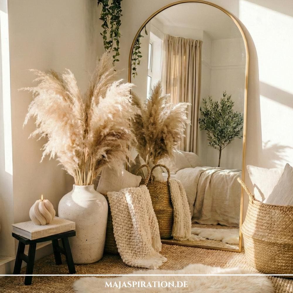 Leere Ecke gestalten mit Boho Vibes mit Körben und hohem Pampasgras vor großem Bogenspiegel