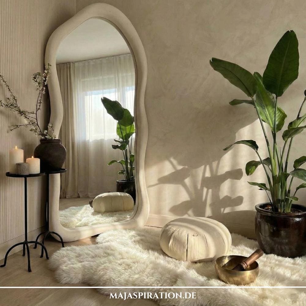 Kleine Meditationsecke mit Spiegel und Teppich mit Meditationskissen und Klangschale als Gestaltungsidee für leere Ecken 