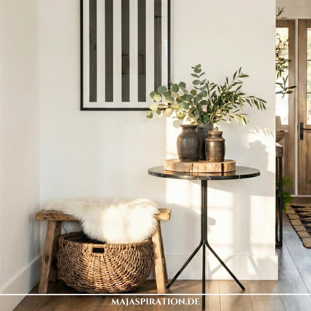 Leere Wandgestaltung mit kleiner Holzbank, Beistelltisch und abstraktem Wandbild für Raumecken