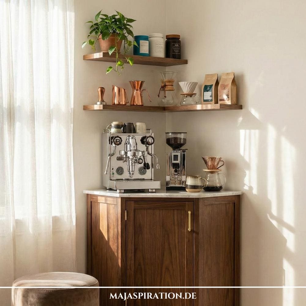 Kleine Home Bar als Gestaltungsidee für eine leere Ecke im Raum mit Eck-Konsole und Wandregalen