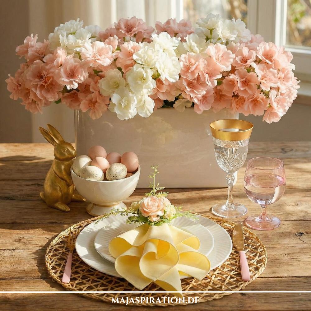 Elegante Ostertisch Dekoration in Rosa und Gold