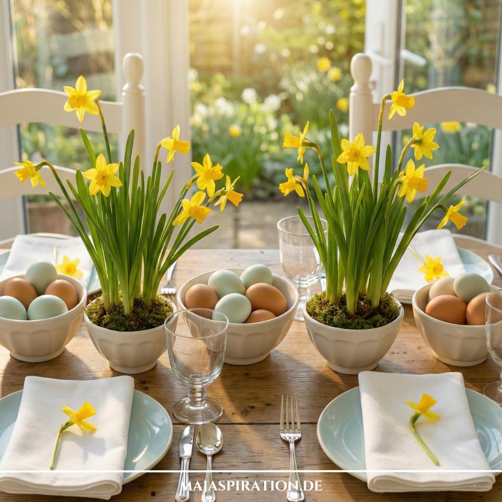 Ostertisch Deko mit Narzissen und Eierschalen