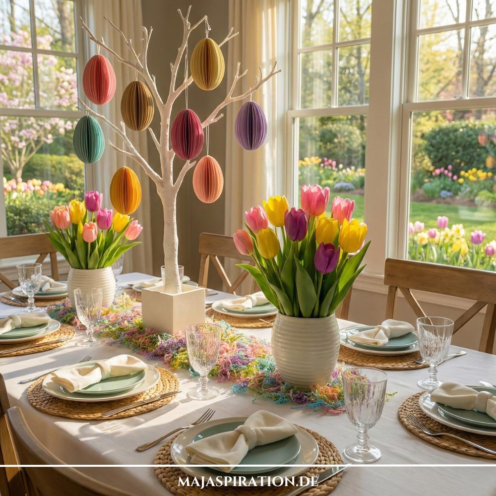 Ostertisch Deko Idee mit Papier-Eiern