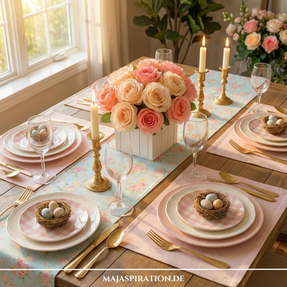 Elegante Ostertisch Dekoration in Rosa und Gold