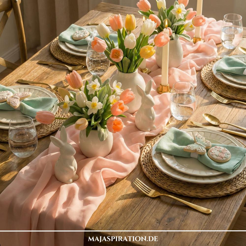 Ostertisch Deko Idee in Babyblau und Rosa