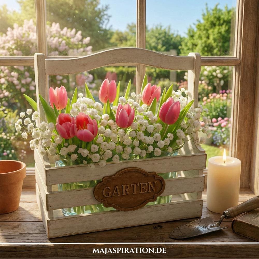 Rustikale Deko Idee für den Frühling mit frischen Blumen im Holzkorb