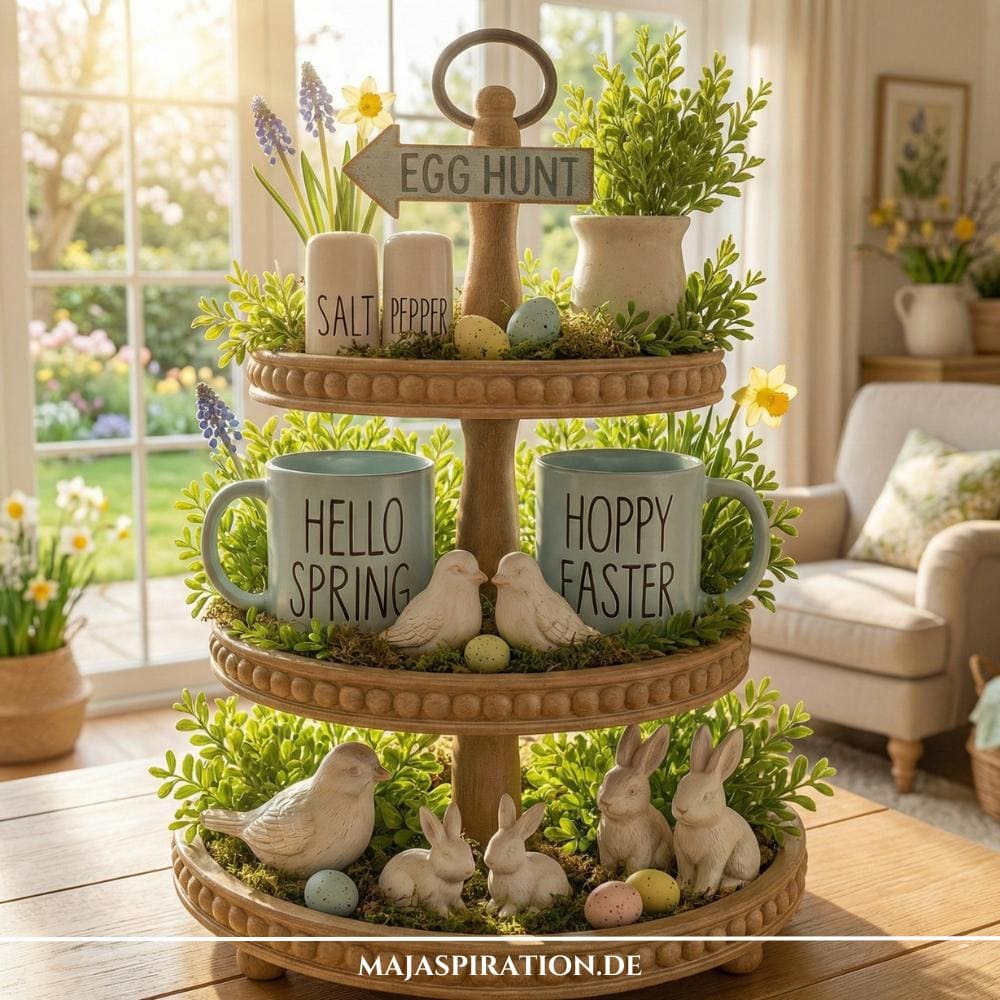 Landhausstil Etagère aus Holz mit blau-weißer Keramikdeko für den Frühling