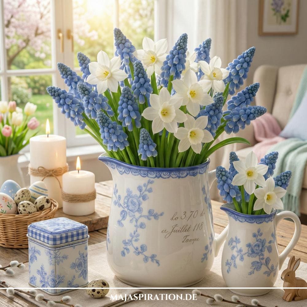 Rustikale Frühlingsdeko Idee im französischen Landhausstil mit weiß-blauer Keramik