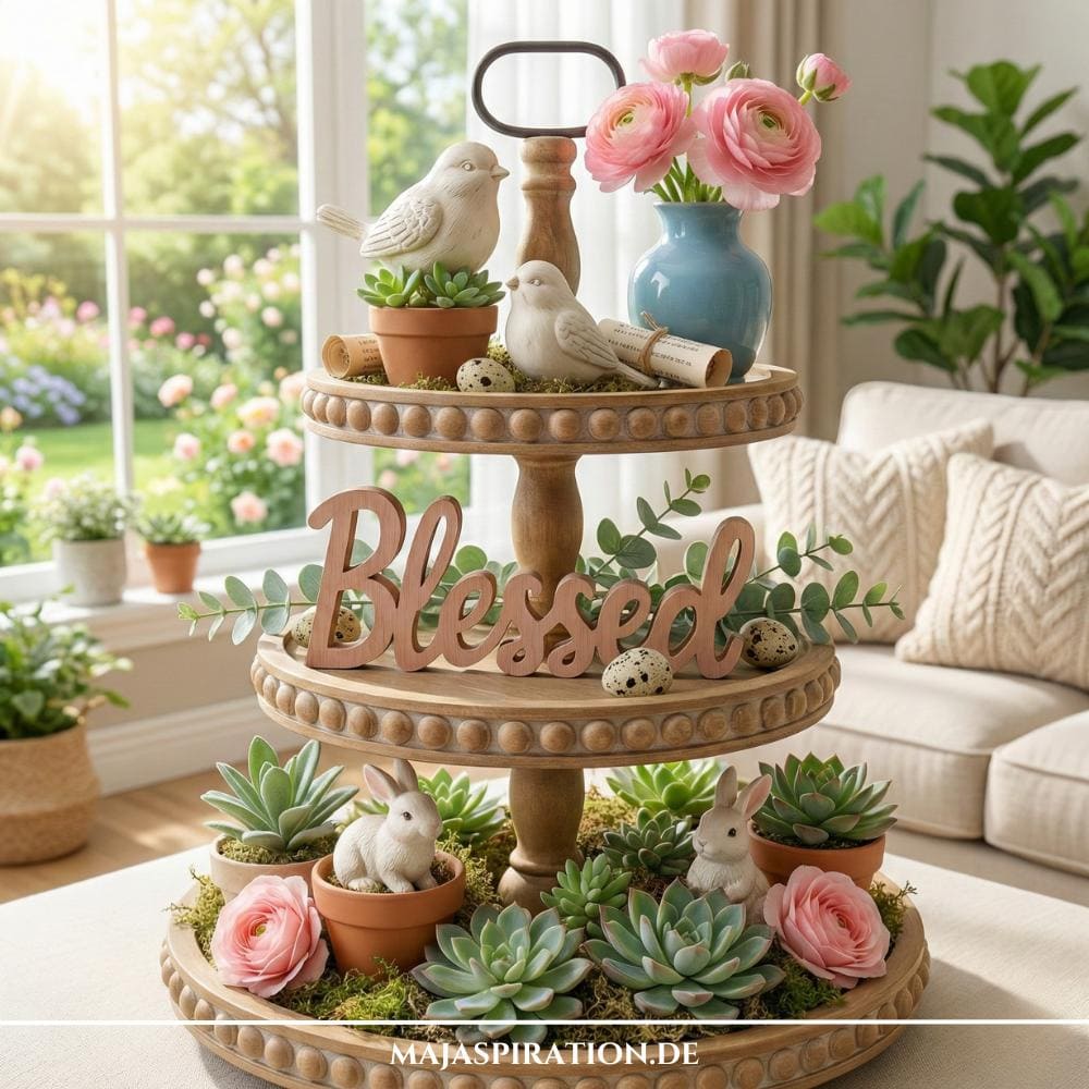 Cottage Core Frühlingsdeko Idee mit Etagère und sanften Rosatönen